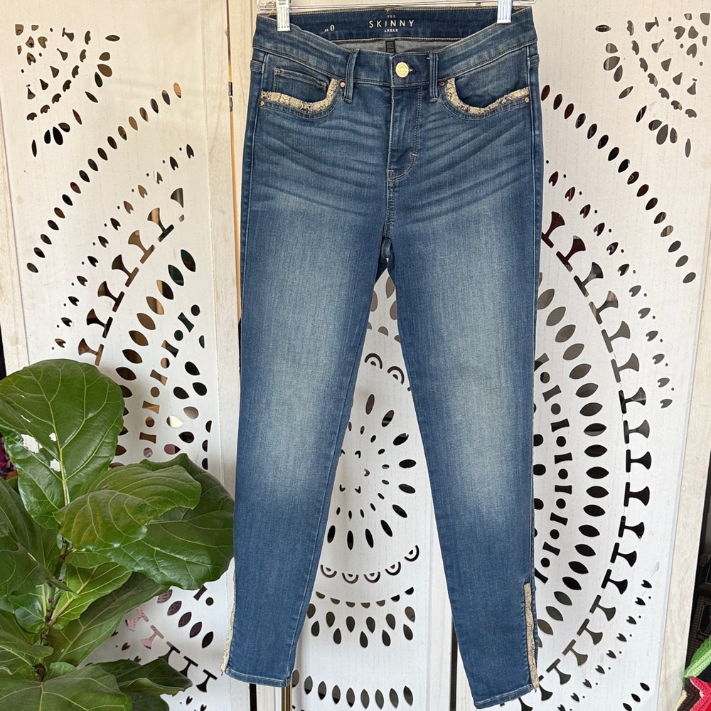 White House Black Market Women's Snake Skin Trim Blue The Skinny Ankle Jeans